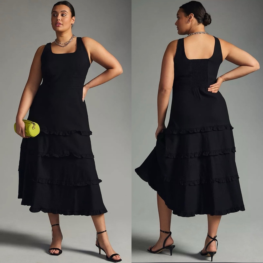 NWT Anthropologie Petite The Blythe Square Neck Tiered Midi Dress Black - Picture 7 of 8